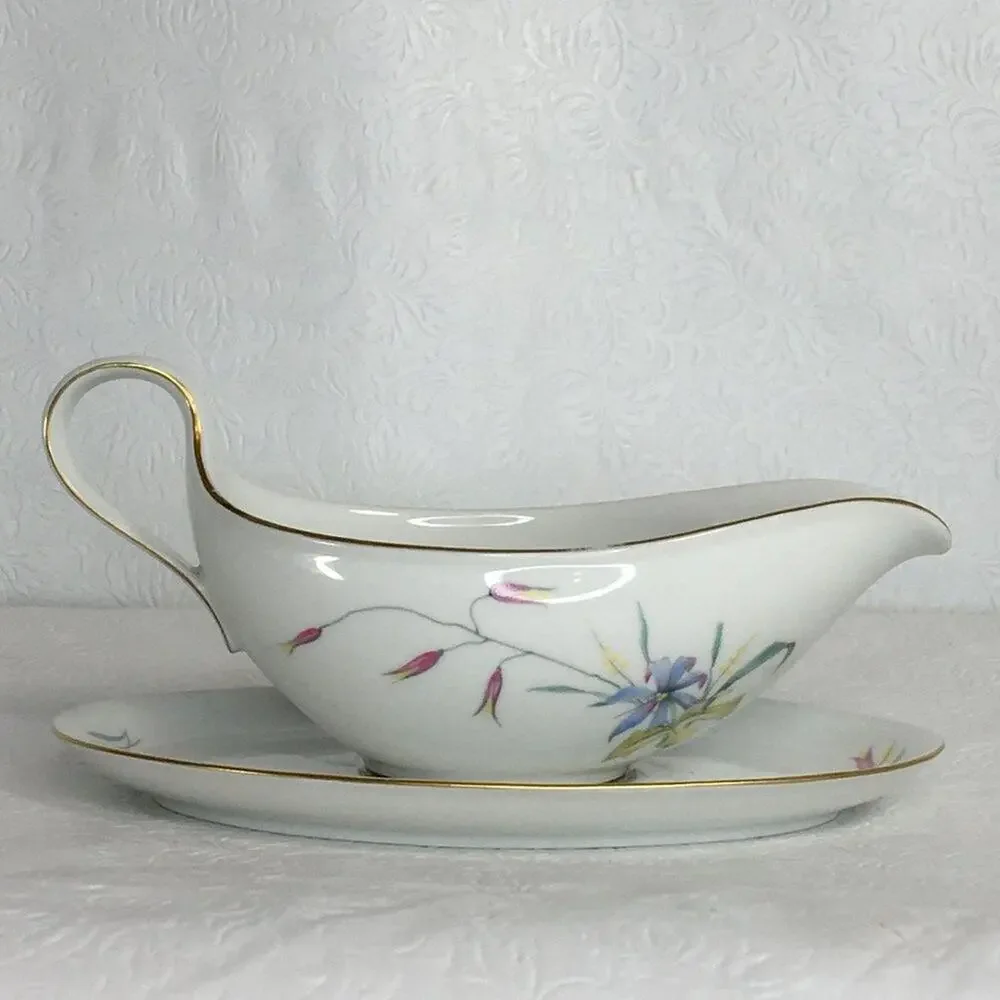 Vintage Eschenbach Gravy Boat with Underplate W1458 Pink Blue Gold Trim